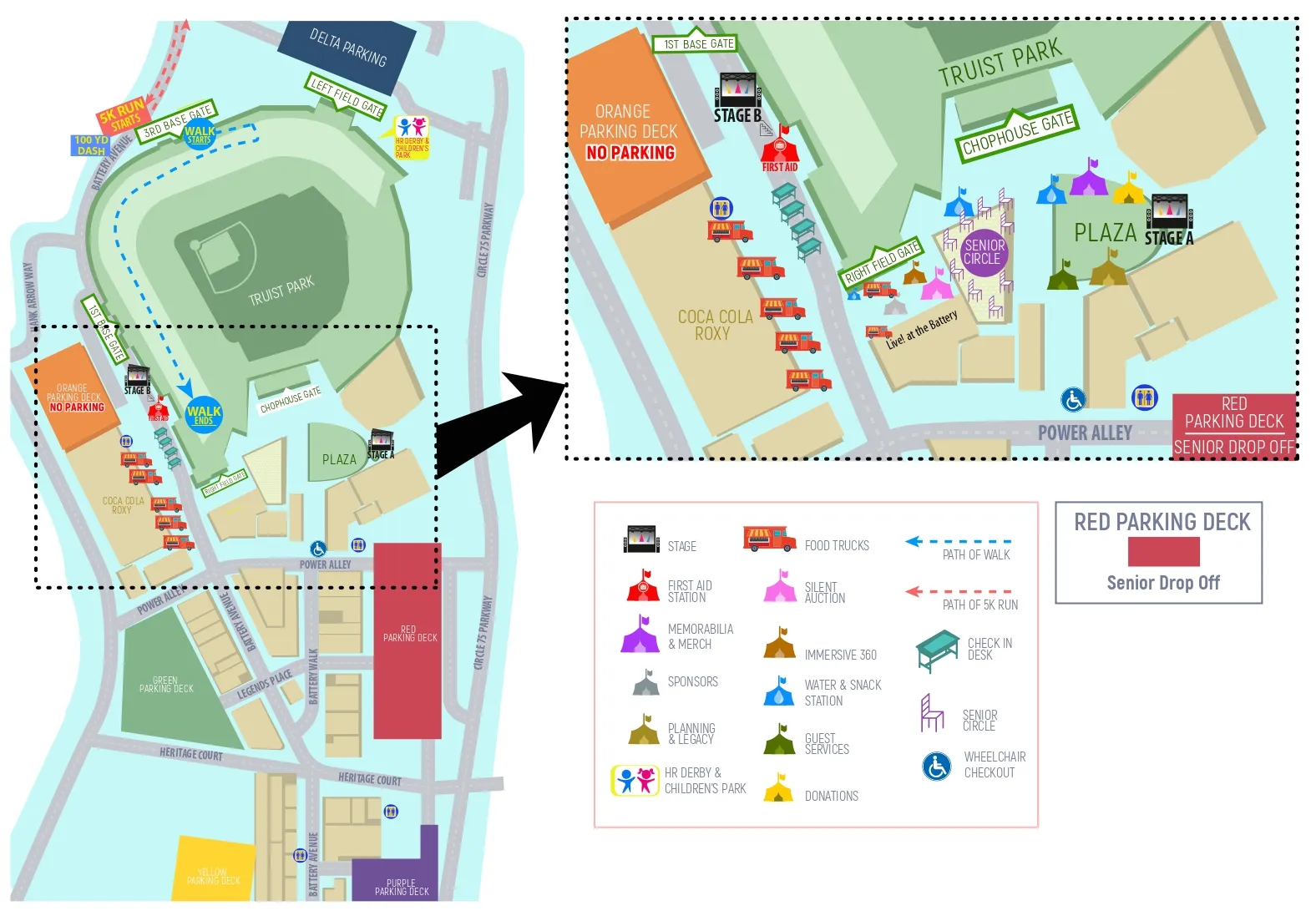 Site map of Truist Park & The Battery Atlanta showing parking decks, the check-in desk, both stages, the 5K route and the walk route through Truist Park